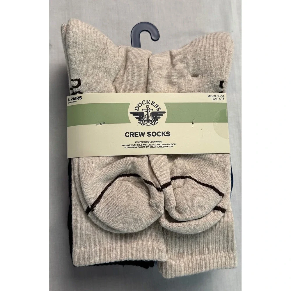 Dockers Mens Crew Socks 6 Pairs Navy Blue Beige Blue Shoe Size 6-12